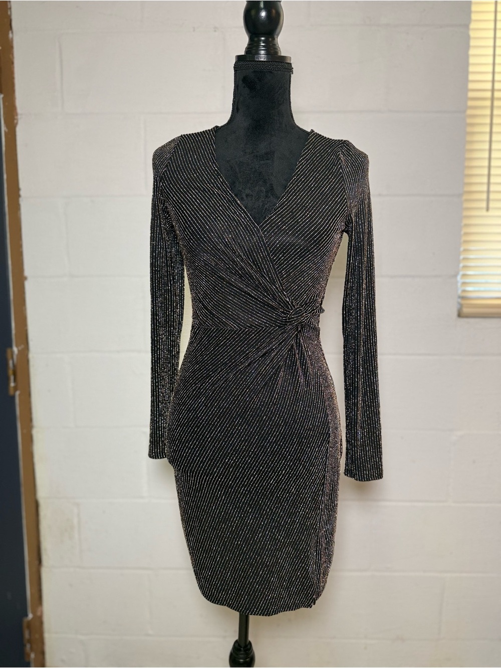 miami Black Metallic-Striped Long Sleeve Wrap Knot Dress